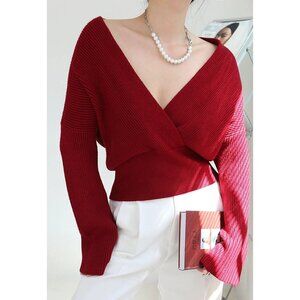 NWT Commense Women's Red Ribbed Wrap Sweater Size XL